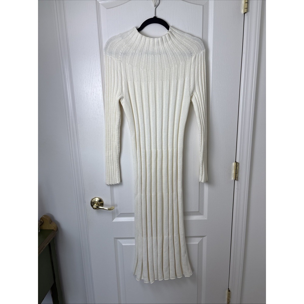Banana Republic Womens MP Ivory Ribbed Sweater Dress Mock Neck Midi Flare Petite